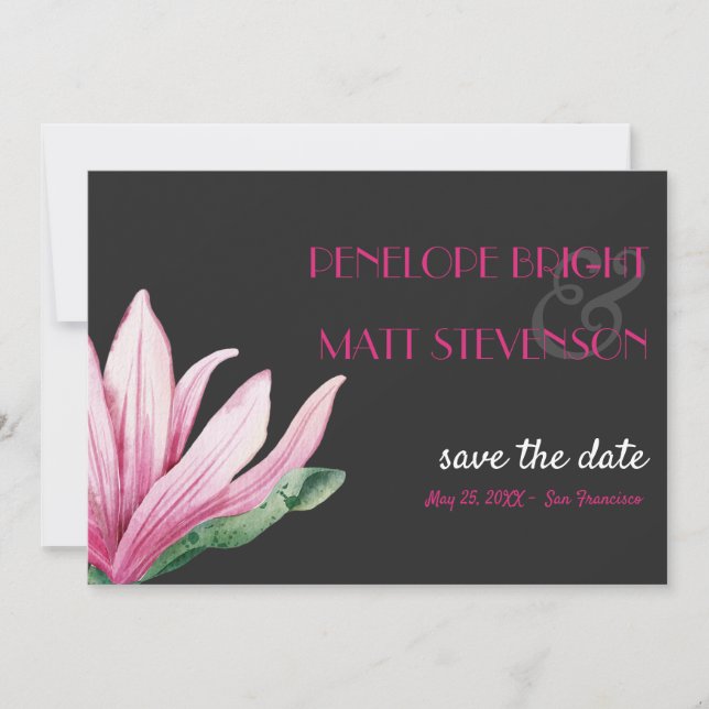Invitación Pink Magnolia Flower Gray WEDDING GUARDA LA FECHA (Anverso)