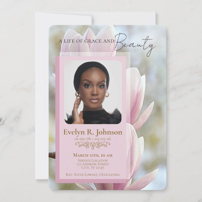 Invitación Pink Magnolia‑style photo funeral program (Anverso)
