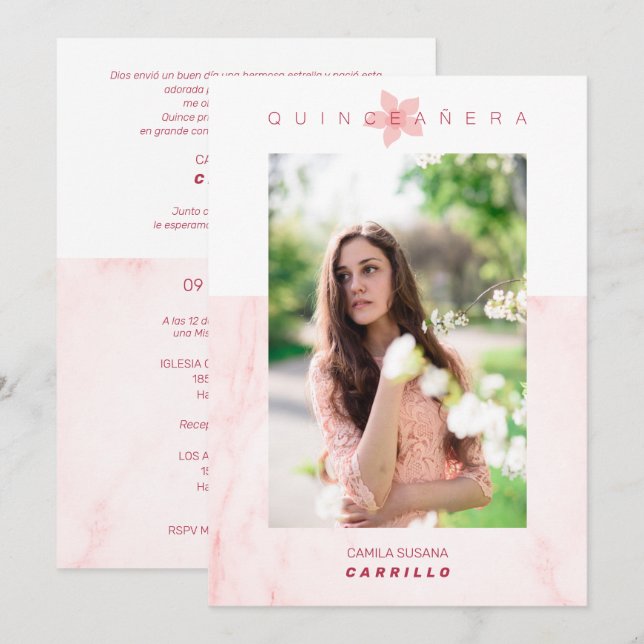 Invitación Pink Marble Effect Romantic Photo Quinceañerank (Anverso / Reverso)