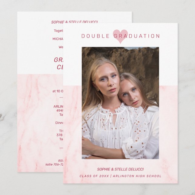 Invitación Pink Marble Effect Romantic Photo Twins Graduation (Anverso / Reverso)