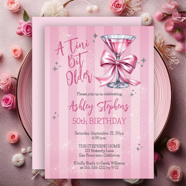 Invitación Pink Martini A Tini Bit Older 50th Birthday Party (Pink Martini "Tini Bit Older" Striped Adult Birthday Party Invitation)