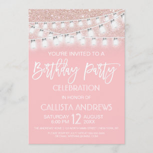Invitación Pink Mason Jar String Lights Purpurina Cumpleaños