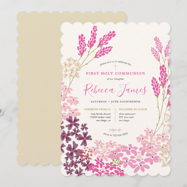 Invitación Pink Meadow Primera Santa Comunión (Anverso / Reverso)