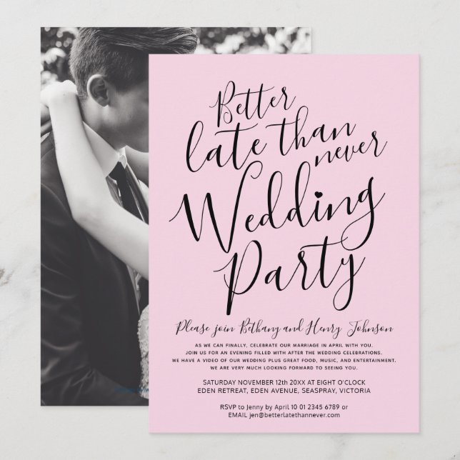 Invitación Pink mejor tarde que nunca después de la boda (Anverso / Reverso)