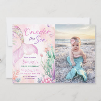 Invitación Pink Mermaid 1st Birthday Oneder the Sea Photo