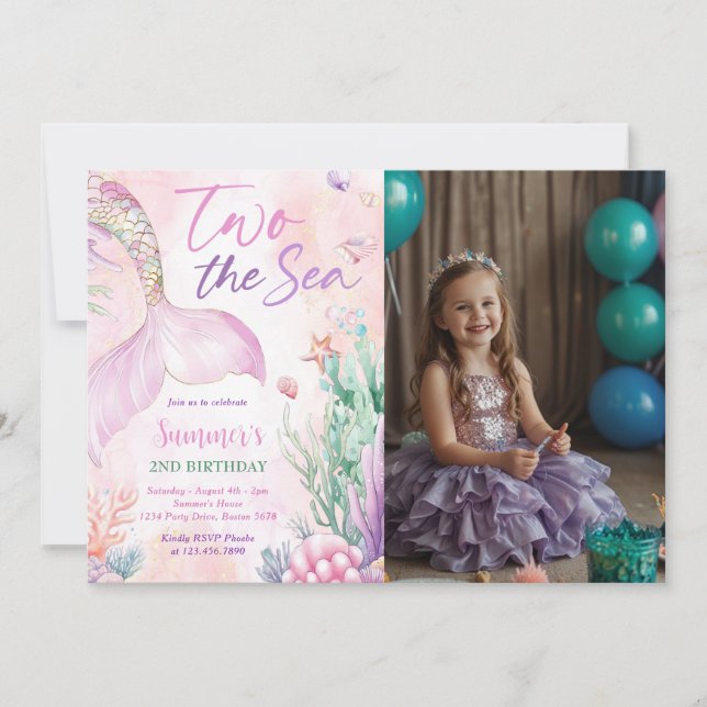 Invitación Pink Mermaid 2nd Birthday Two the Sea Photo (Anverso)