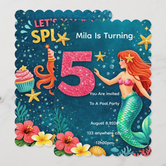Invitación Pink Mermaid Fifth Birthday Invitation (Anverso / Reverso)