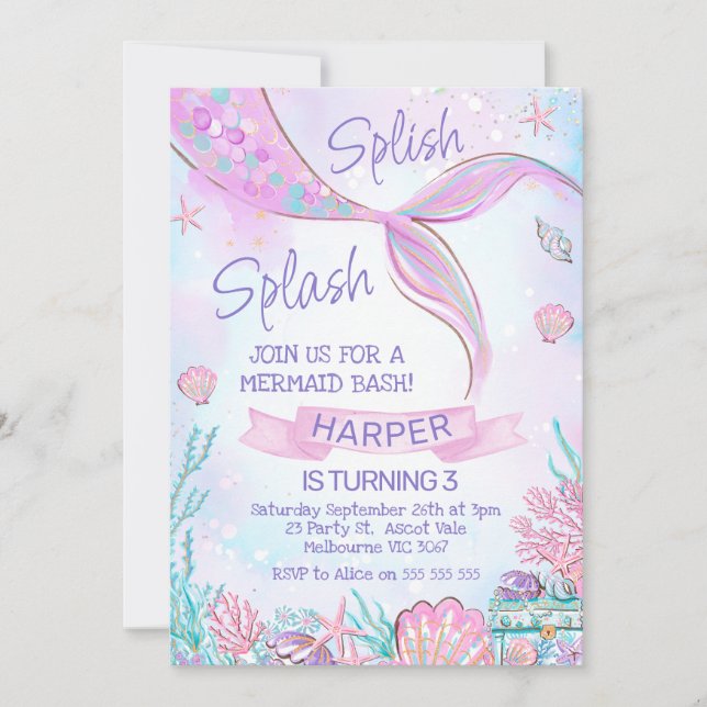 Invitación Pink Mermaid Tail Under the Sea Birthday (Anverso)
