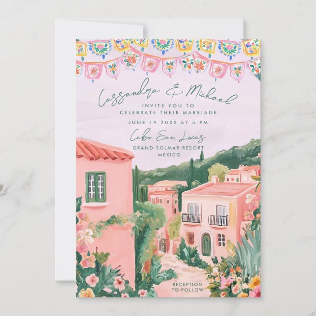 Invitación Pink Mexican Town Destination Wedding (Anverso)