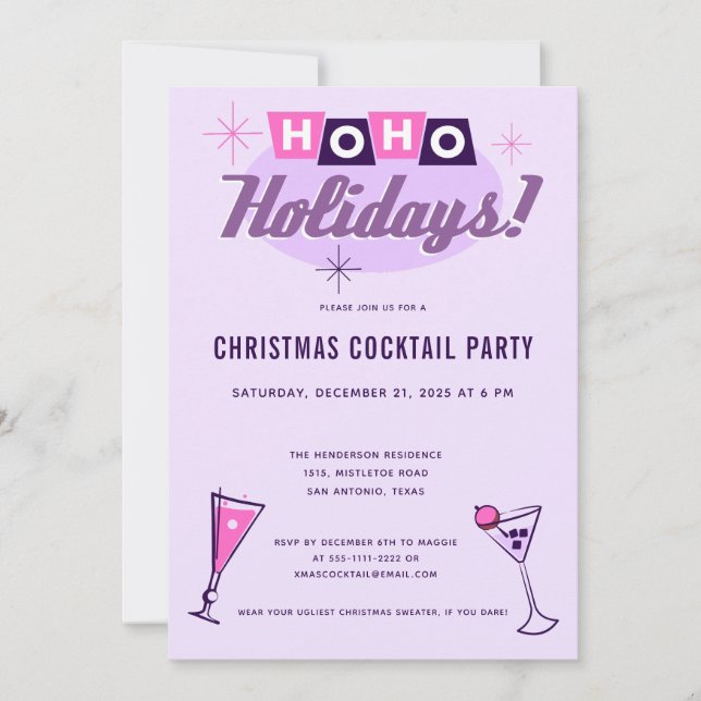 Invitación Pink Midcentury Modern Christmas Cocktail Party (Anverso)