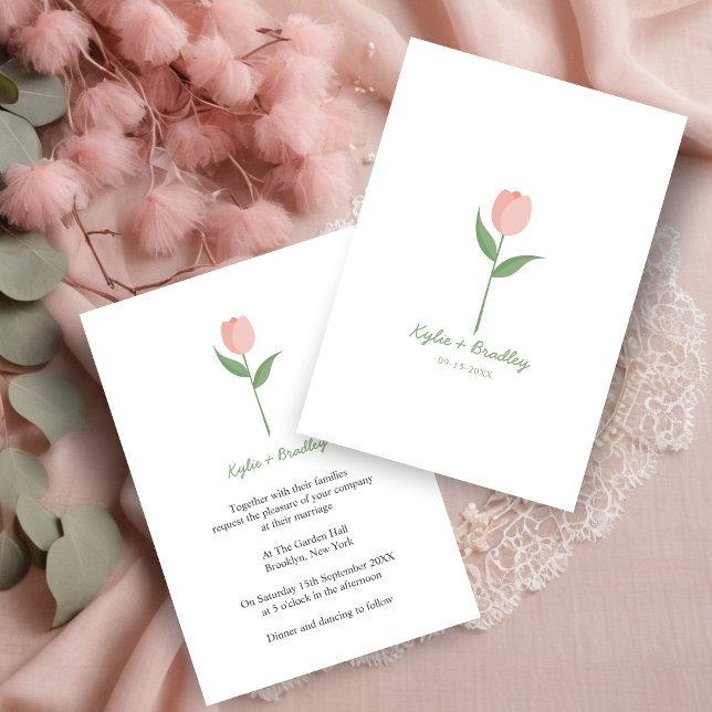 Invitación Pink Minimalist Tulip (This minimalist design with a pink tulip is elegant and simple as the current trend in weddings.)