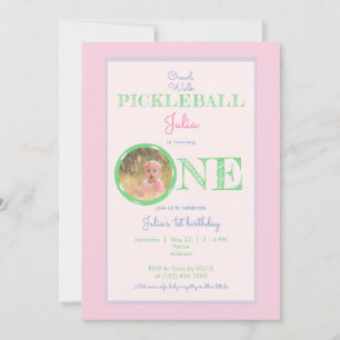 Invitación Pink Mint Crawl Walk Pickleball Tema 1er cumpleaño