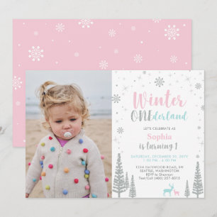 Invitación Pink & Mint   Cumpleaños de Winter Onederland Girl