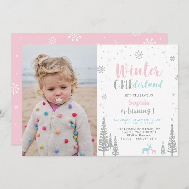 Invitación Pink & Mint | Invierno Chica de Onederland Primer  (Anverso / Reverso)