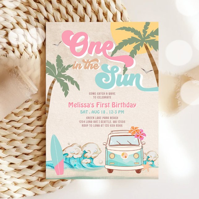 Invitación Pink Mint One in the Sun Surfing First Birthday (Subido por el creador)