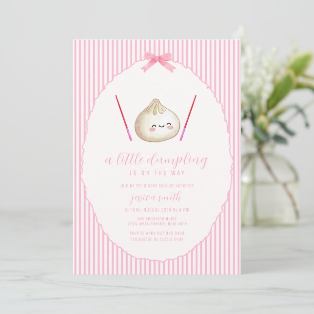 Invitación Pink Modern Girl Bow Asian Dumpling Baby Shower  (Anverso de pie)