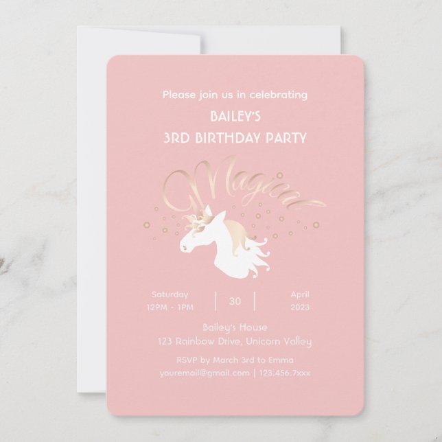 Invitación Pink Modern Magical Unicornio Niños Fiesta de cump (Anverso)