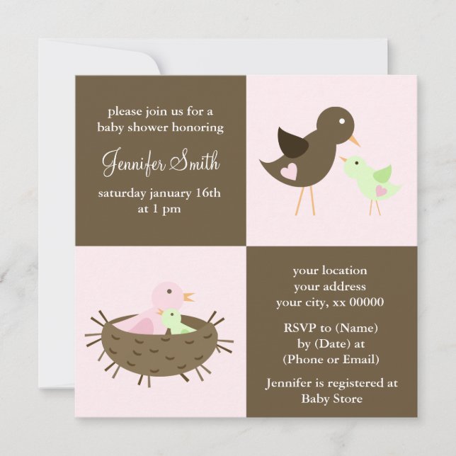 Invitación Pink Mom and Baby Bird Baby Shower (Anverso)