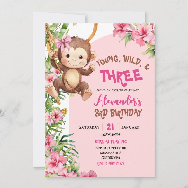 Invitación Pink Monkey Young Wild Three Third Birthday (Anverso)