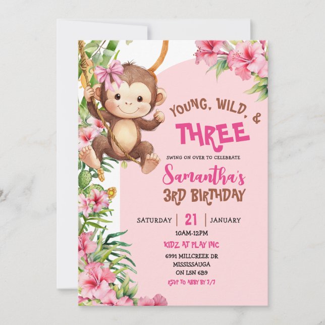 Invitación Pink Monkey Young Wild Three Third Birthday (Anverso)
