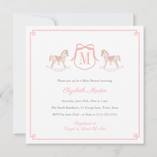 Invitación Pink Monogram Rocking Horse Baby Girl Shower (Anverso)