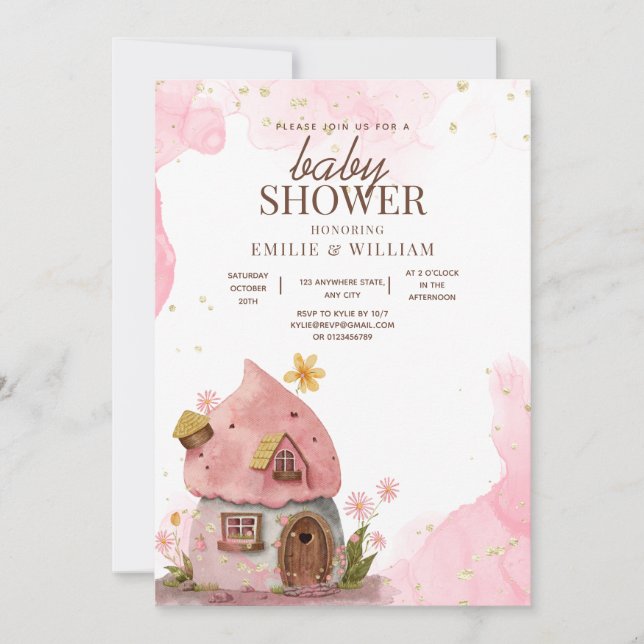 Invitación Pink Mushroom House Woodland Baby Shower (Anverso)