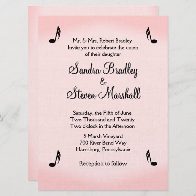 Invitación Pink Music Theme Wedding (Anverso / Reverso)
