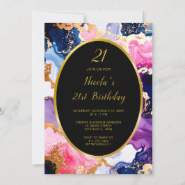 Invitación Pink, Navy Blue and Gold Ink Birthday Party