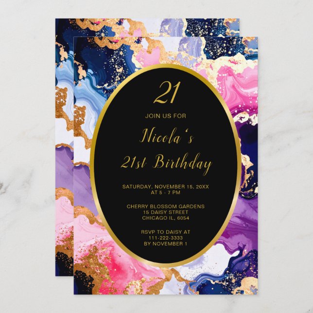Invitación Pink, Navy Blue and Gold Ink Birthday Party (Anverso / Reverso)