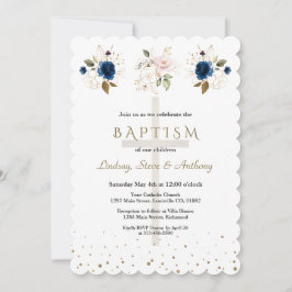 Invitación Pink Navy Blue Floral Gold Triplets Baptism  
