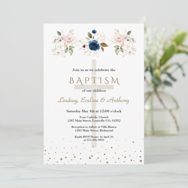 Invitación Pink Navy Blue Flowers Gold Triplets Baptism   (Anverso de pie)
