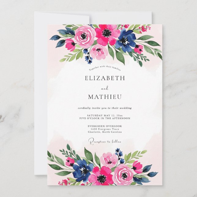Invitación Pink Navy Blue Luxuriant Botanical Wedding (Anverso)