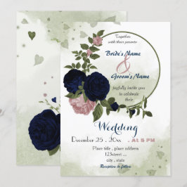 Invitación pink navy flowers greenery wreath wedding