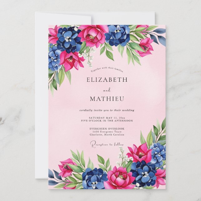 Invitación Pink Navy Splendid Floral Wedding (Anverso)