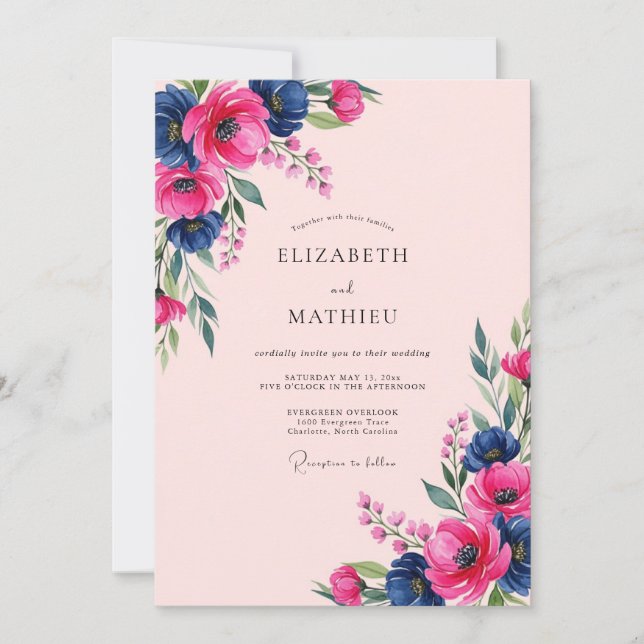 Invitación Pink Navy Watercolor Anemone Spring Wedding (Anverso)