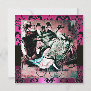 Invitación PINK,NEGRO,PURPLE DAMASK MONOGRAM ,blanco, fucsia