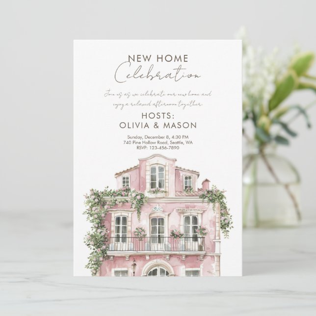 Invitación Pink new home celebration Housewarming (Anverso de pie)