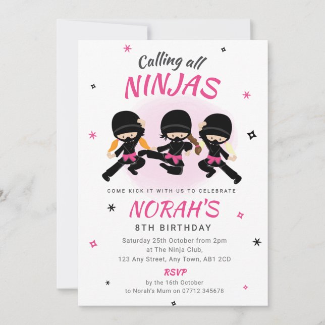 Invitación Pink Ninja Birthday Invitation Girls Karate Party (Anverso)