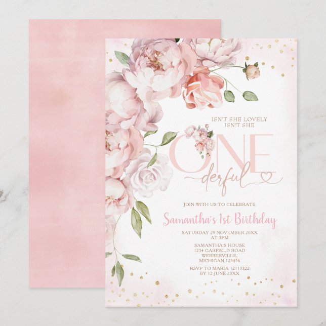 Invitación Pink no es ella una maravillosa flor de cumpleaños (Anverso / Reverso)