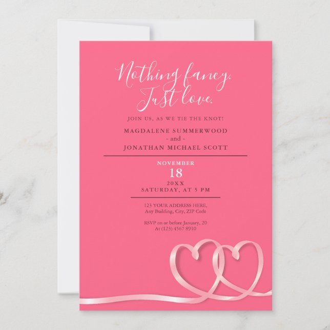 Invitación Pink Nothing Fancy Just Love Double Hearbon Ribbon (Anverso)