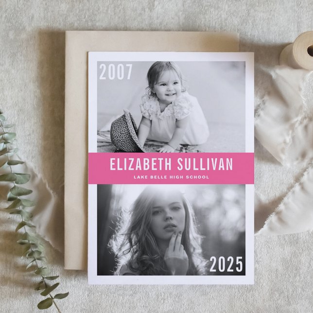 Invitación Pink Now y Luego Graduación de Collage de fotos (Customizable 'Then and Now' Photo Graduation Invitation with pink background – Personalized Invite)