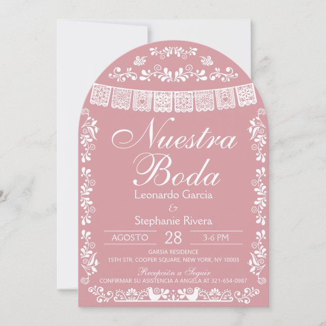 Invitación Pink Nuestra Boda Papel Picado Spanish Wedding (Anverso)