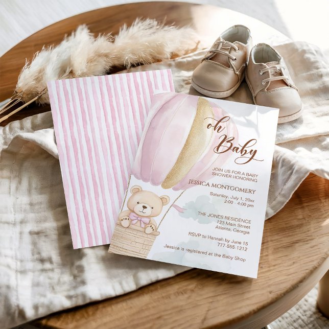 Invitación Pink Oh Baby Script Bear in Hot Air Balloon Shower (Subido por el creador)
