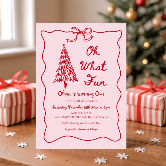 Invitación Pink Oh What Fun Holiday Girl 1st Birthday Party (Subido por el creador)