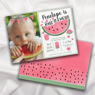 Invitación Pink One In A Melon Photo Chica Primer Cumpleaños