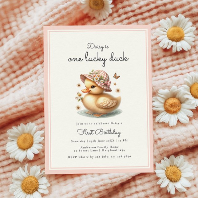 Invitación Pink One Lucky Duck Baby Girl First Birday (Subido por el creador)