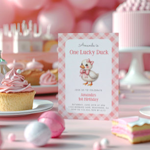 Invitación Pink One Lucky Duck Baby Girl First Birday