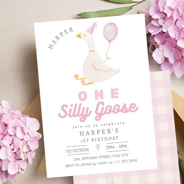 Invitación Pink One Silly Goose Chica Primer Cumpleaños (Pink One Silly Goose Girl 1st Birthday Invitation)