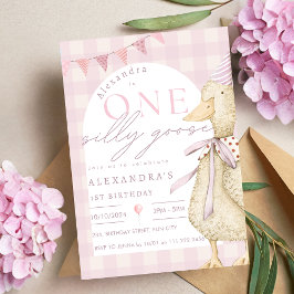 Invitación Pink One Silly Goose Gingham Primer Cumpleaños