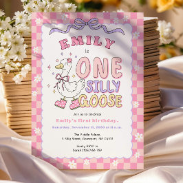 Invitación Pink One Silly Goose-Retro Girl First Birthday